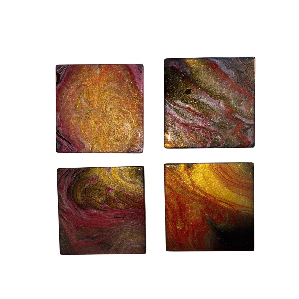 Coasters Abstract Fluid Art resin Set of 4 gold red black
